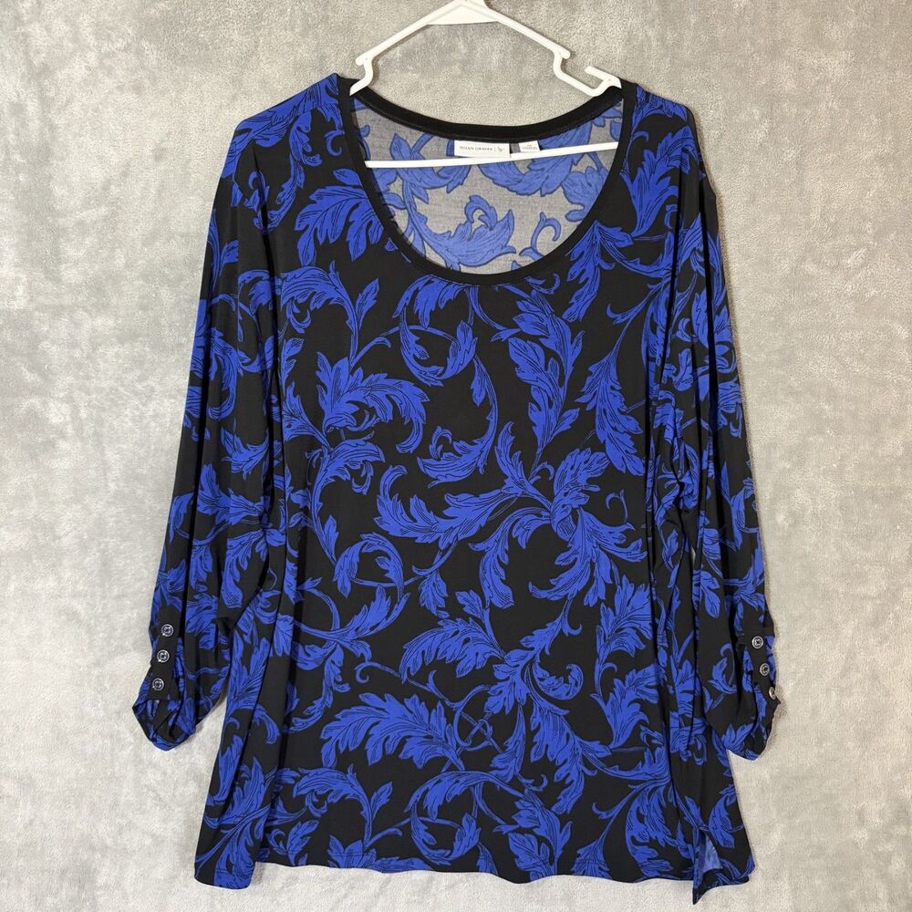 Susan Graver Women 2X Plus Black Royal Blue Floral Tunic Top Liquid Knit 3/4 Slv